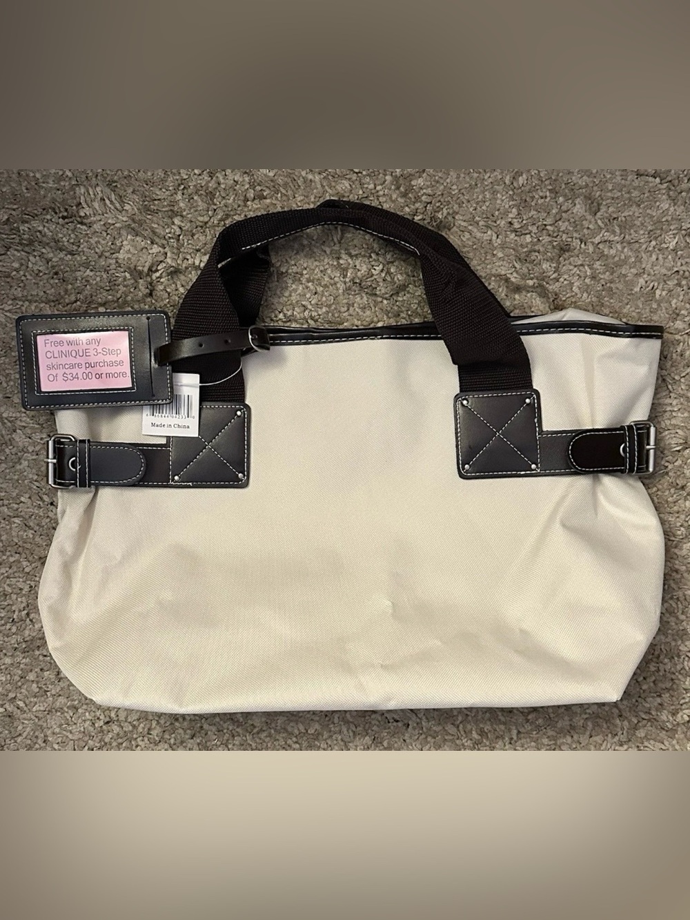 Clinique Promo Off-White Medium Snap Button Tote Bag w/ Top Handles/Side Buckles